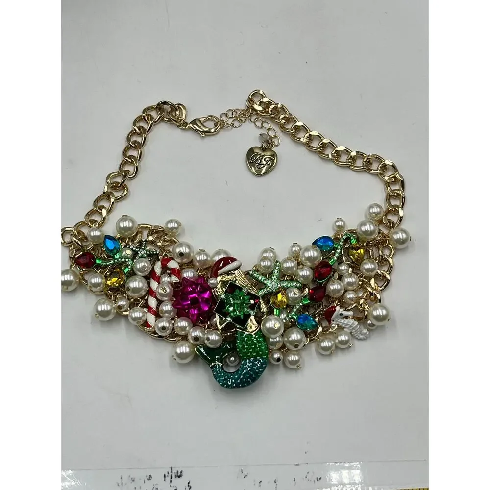 Betsey Johnson Santa‎ Mermaid Candy Cane Drama Christmas Xmas Statement Necklace